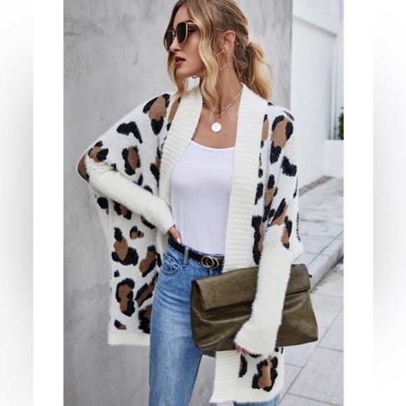Sweaters - White Fuzzy Cheetah Open Front Cardigan